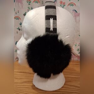 EUC Michael Kors Black & Grey Stripe Rabbit Fur Warm Casual Ear Muffs